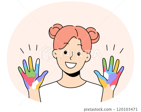 Little artist girl shows colorful palms painted with watercolors, offering to painting together 120103471