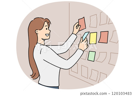 Business woman stands near scrum board with stickers and is engaged in kanban task planning 120103483