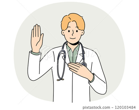 Doctor pronounces hippocratic oath and puts hand on heart, promising to follow medical rules 120103484