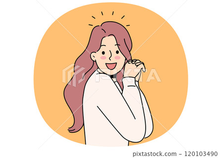 Laughing woman raises hands and looks at screen, enjoying meeting you or glad to receive good news 120103490