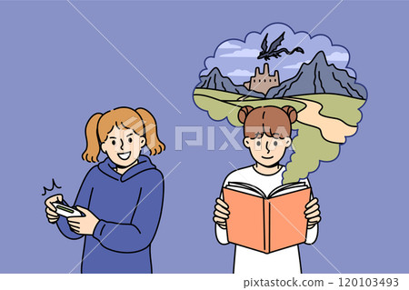 Children hobbies for teen girls, reading book or playing video console in free time 120103493