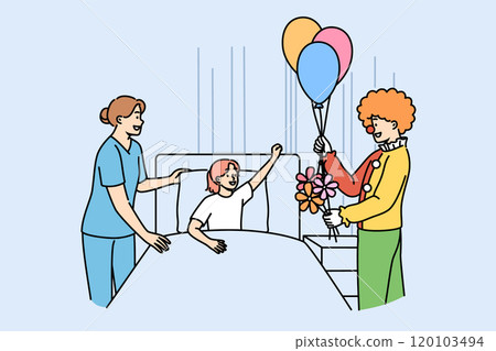 Clown entertains sick girl lying in bed in hospital to improve mood of child suffering from illness 120103494