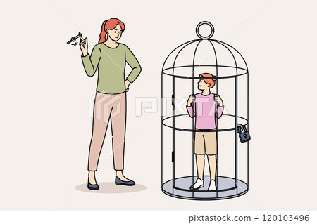 Overprotection and violence against children from woman standing near small cage with daughter Overprotection and violence against children from woman standing near small cage with daughter 120103496