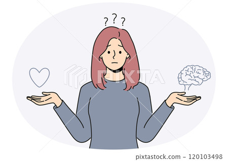 Confused woman choose between heart and brain Confused woman choose between heart and brain 120103498