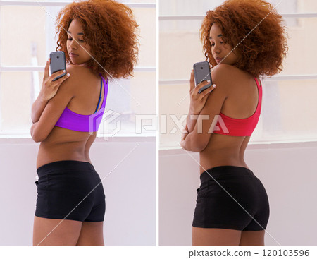 Looking fine. Shot of a woman before and after her diet. Looking fine. Shot of a woman before and after her diet. 120103596