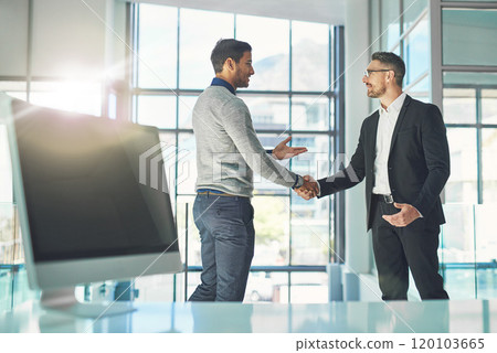 I cant thank you enough for this opportunity. Shot of two businessmen shaking hands together in an office. I cant thank you enough for this opportunity. Shot of two businessmen shaking hands together in an office. 120103665