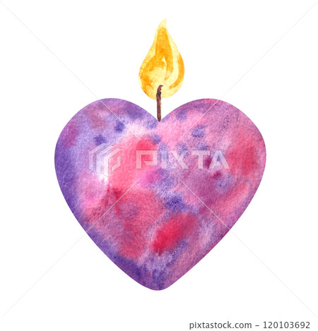 Bright heart burning candle with pink and purple colors isolated on white. Hand painted watercolor illustration. Perfect St Valentine day, for love cards, posters, textile decor. Clip art Bright heart burning candle with pink and purple colors isolated on white. Hand painted watercolor illustration. Perfect St Valentine day, for love cards, posters, textile decor. Clip art 120103692