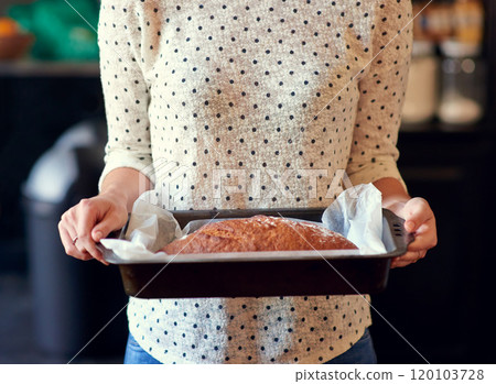 Straight from the oven. Cropped shot of a woman holding a freshly baked bread loaf in a pan. 120103728