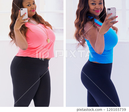 I look fine. Shot of a woman before and after her diet. 120103739