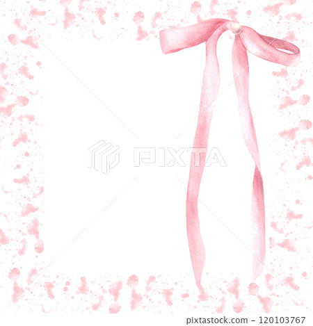 Pink bow on watercolor spot, stain rose coloured background. Rosa hair ribbon, Girl coquette style square frame, template for label, invitation, greeting card Hand drawn illustration. Isolated clipart 120103767