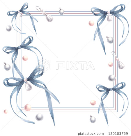 Watercolor blue bows, ribbons with pearl earrings. Square frame. Blue, pink and grey coquette style template. Trendy girly fancy product label, card. Hand drawn illustration isolated from background 120103769