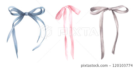 Watercolor bows and ribbons set. Girly romantic design, coquette style, girls cute hair pink, blue and grey accessories. Birthday, Valentines day hand drawn illustration Clipart Isolated from 120103774