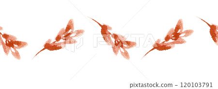 Terracotta watercolor seamless border of fall plants isolated. Leaf banner in soft rust autumn tones. Minimalist pattern of branches in warm brown hand painted background. Burnt umber nature texture. Terracotta watercolor seamless border of fall plants isolated. Leaf banner in soft rust autumn tones. Minimalist pattern of branches in warm brown hand painted background. Burnt umber nature texture. 120103791