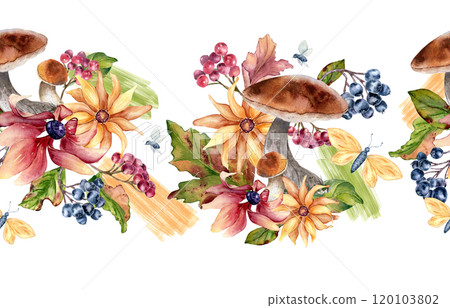 Colorful autumn seamless border with forest bolete, berries, flowers, and watercolor stroke isolated. Floral repeated texture of fall leaves and chokeberry rowan hand painted for seasonal design. Colorful autumn seamless border with forest bolete, berries, flowers, and watercolor stroke isolated. Floral repeated texture of fall leaves and chokeberry rowan hand painted for seasonal design. 120103802