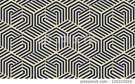 Abstract geometric pattern. A seamless vector background. Golden and dark blue ornament. Graphic modern pattern. Simple lattice graphic design Abstract geometric pattern. A seamless vector background. Golden and dark blue ornament. Graphic modern pattern. Simple lattice graphic design 120103858