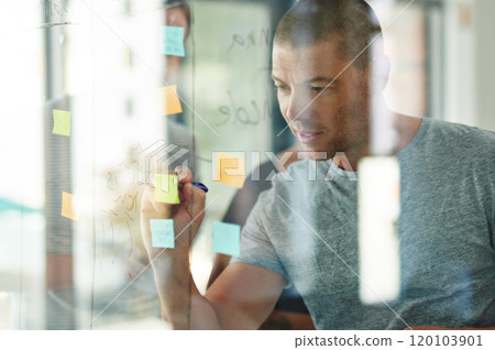 Planning is the first step. Cropped shot of a group of young designers planning on a glass board. 120103901