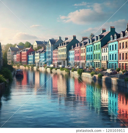 Colorful cityscape reflected in the river Colorful cityscape reflected in the river 120103911