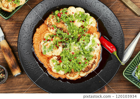Roasted cauliflower in plate. Roasted cauliflower in plate. 120103934