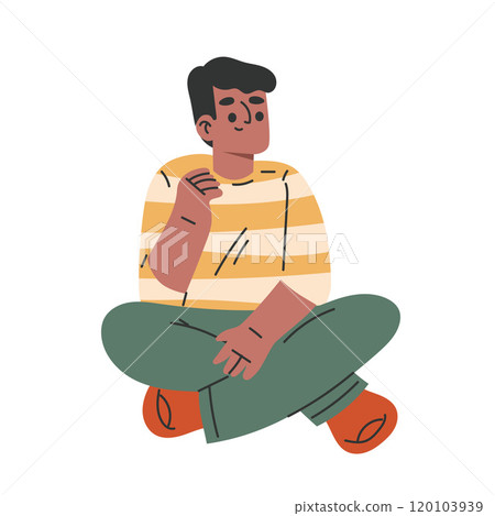 Preschool Boy Sit on Floor and Listen to Story Vector Illustration 120103939