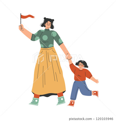 Preschool Girl with Woman Kindergarten Teacher Walking Holding Hand Vector Illustration Preschool Girl with Woman Kindergarten Teacher Walking Holding Hand Vector Illustration 120103946