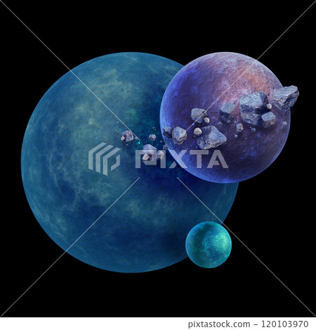 3D space planet concept, alien sci-fi realistic satellite asteroid illustration rock debris render. 3D space planet concept, alien sci-fi realistic satellite asteroid illustration rock debris render. 120103970