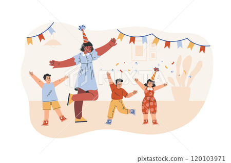 Preschool Kids with Woman Kindergarten Teacher Dance Celebrate Holiday Vector Illustration Preschool Kids with Woman Kindergarten Teacher Dance Celebrate Holiday Vector Illustration 120103971