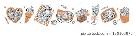 French fries doodle icon set, vector tasty street Paris food hand drawn illustration, fry potato. French fries doodle icon set, vector tasty street Paris food hand drawn illustration, fry potato. 120103973