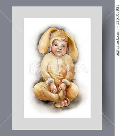 Baby dressed as plush bunny with long ears sits on floor and looks at screen. Watercolor artwork Baby dressed as plush bunny with long ears sits on floor and looks at screen. Watercolor artwork 120103983