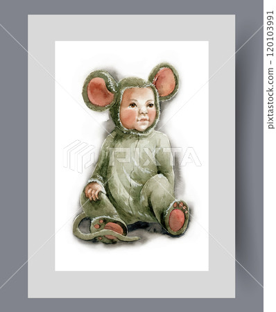 Baby dressed as gray mouse with big ears and long tail on print. Watercolor artwork 120103991