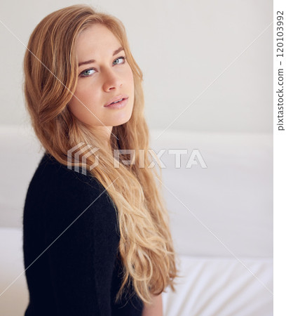 Women who wear black lead colorful lives. Portrait of a beautiful young woman. 120103992