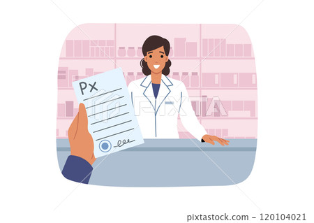 RX prescription form in hand of pharmacy visitor who came to woman pharmacist for medicine 120104021