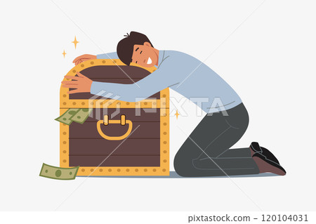 Man investor hugs chest of money, rejoicing at accumulation of large capital through trading 120104031