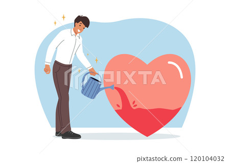 Business man accumulates motivation and ambition by filling heart with blood from watering can Business man accumulates motivation and ambition by filling heart with blood from watering can 120104032