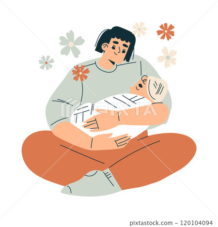 Young Woman Sit with Newborn Baby Embrace Her Child Vector Illustration Young Woman Sit with Newborn Baby Embrace Her Child Vector Illustration 120104094