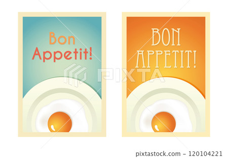 Bon Appetit Kitchen Poster Set with Scrambled Eggs on Plate. Vector Illustration 120104221