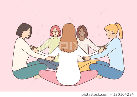 Group meditation of women sitting in circle in lotus position, during psychotherapy session Group meditation of women sitting in circle in lotus position, during psychotherapy session 120104254
