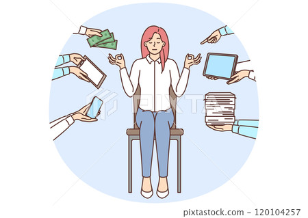 Calm businesswoman meditate distracted form office work 120104257