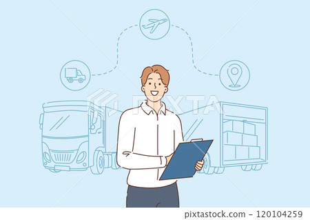 Business man from logistics company stands near cargo fergon and airplane and geotag icons Business man from logistics company stands near cargo fergon and airplane and geotag icons 120104259