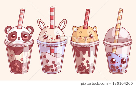 Cute animals glass drink of Bubble Tea. Isolated funny cartoon kawaii character panda, rabbit and cat with straw. Vector illustration. Kids collection. 120104260