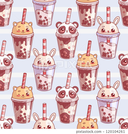 Seamless pattern with Bubble Tea of funny animals glass drink. Cute kawaii character panda, rabbit and cat with straw on striped blue background. Vector illustration. Seamless pattern with Bubble Tea of funny animals glass drink. Cute kawaii character panda, rabbit and cat with straw on striped blue background. Vector illustration. 120104261
