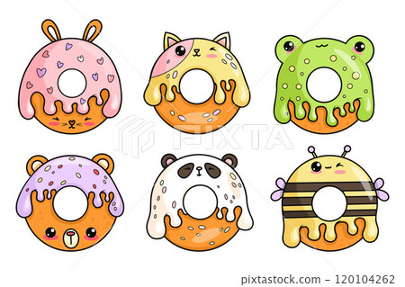 Cute donuts cartoon kawaii character collection. Funny frog, rabbit, cat, bear, bee and panda with drops icing. isolated sweet food. Vector illustration. Kids collection. Cute donuts cartoon kawaii character collection. Funny frog, rabbit, cat, bear, bee and panda with drops icing. isolated sweet food. Vector illustration. Kids collection. 120104262