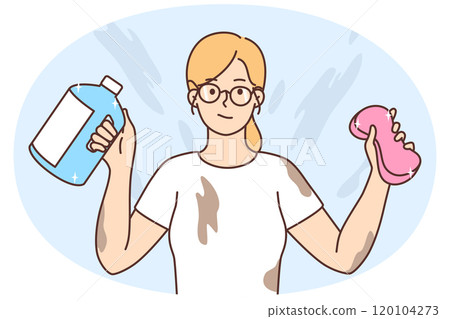 Woman with cleaning bottles dirty after housekeeping 120104273