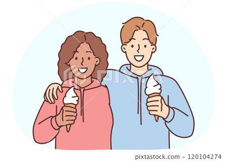 Smiling interracial couple hug eat ice cream Smiling interracial couple hug eat ice cream 120104274