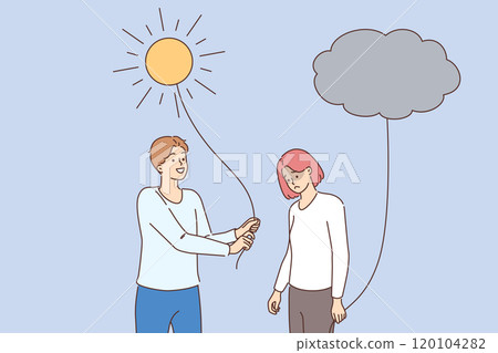 Psychological support for upset woman with cloud on string provided by happy guy with sun in hands Psychological support for upset woman with cloud on string provided by happy guy with sun in hands 120104282