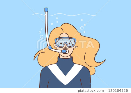 Woman is fond of diving, swims underwater with scuba and glasses to observe life of fish and corals 120104326