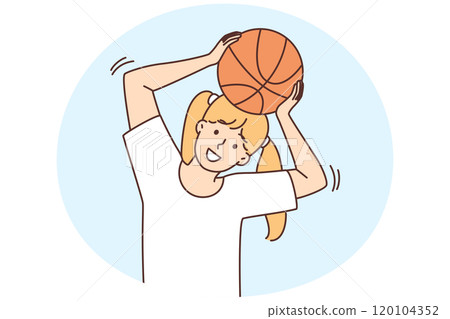 Smiling girl play basketball 120104352