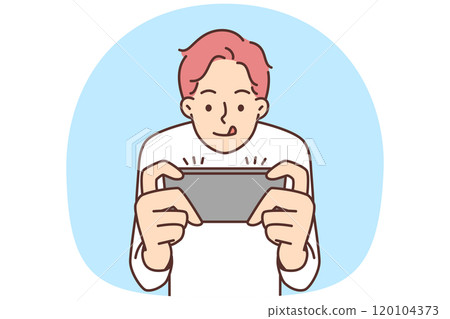 Boy play video game on mobile phone Boy play video game on mobile phone 120104373