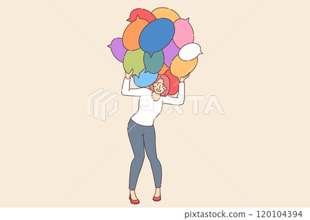 Information overload in unhappy woman holding many conversation bubbles above head 120104394