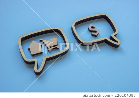 Speech bubbles with dollar sign and house. Concept of real estate purchase. Speech bubbles with dollar sign and house. Concept of real estate purchase. 120104395