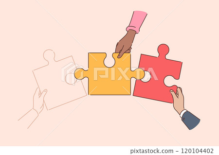 Teamwork of business people whose hands are putting together big puzzle to achieve unity and synergy 120104402